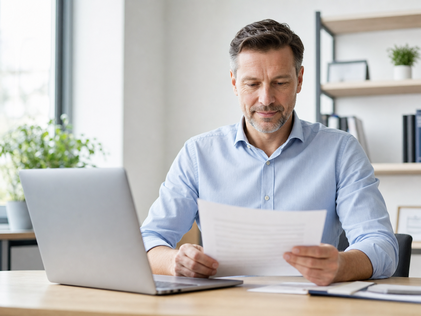 An advisor reviewing documents at a desk