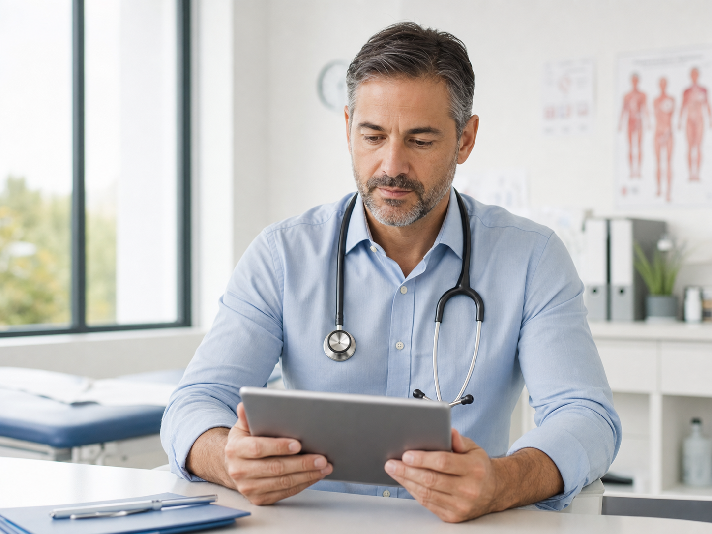 A licensed physician reviewing patient information on a tablet in a clinical evaluation room